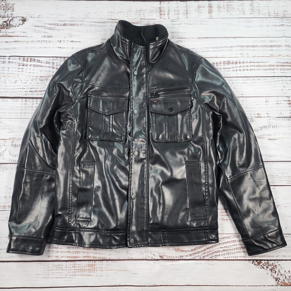 Levi's Faux Leather Sherpa Aviator Bomber Jacket Mens Size S Black Military